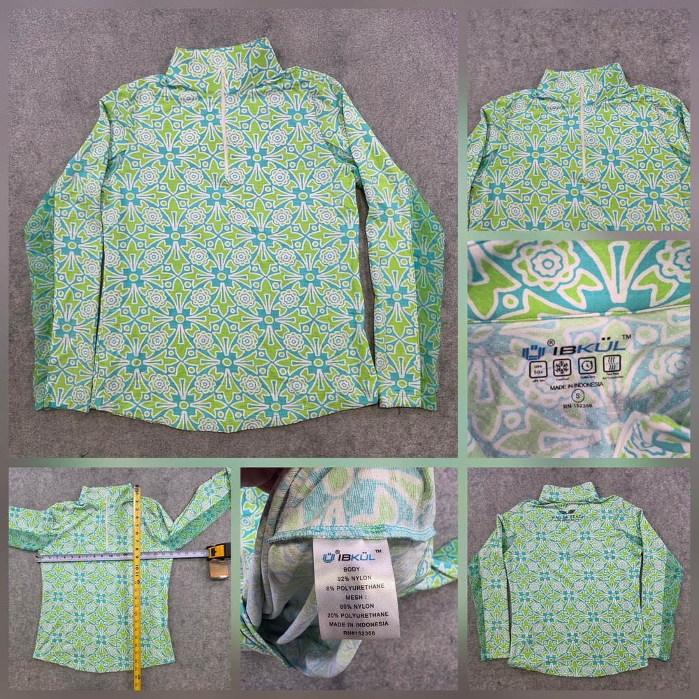 IBKUL Shirt Womens Small Green Floral 1/4 Zip Mock Neck UPF 50+ Wailea
